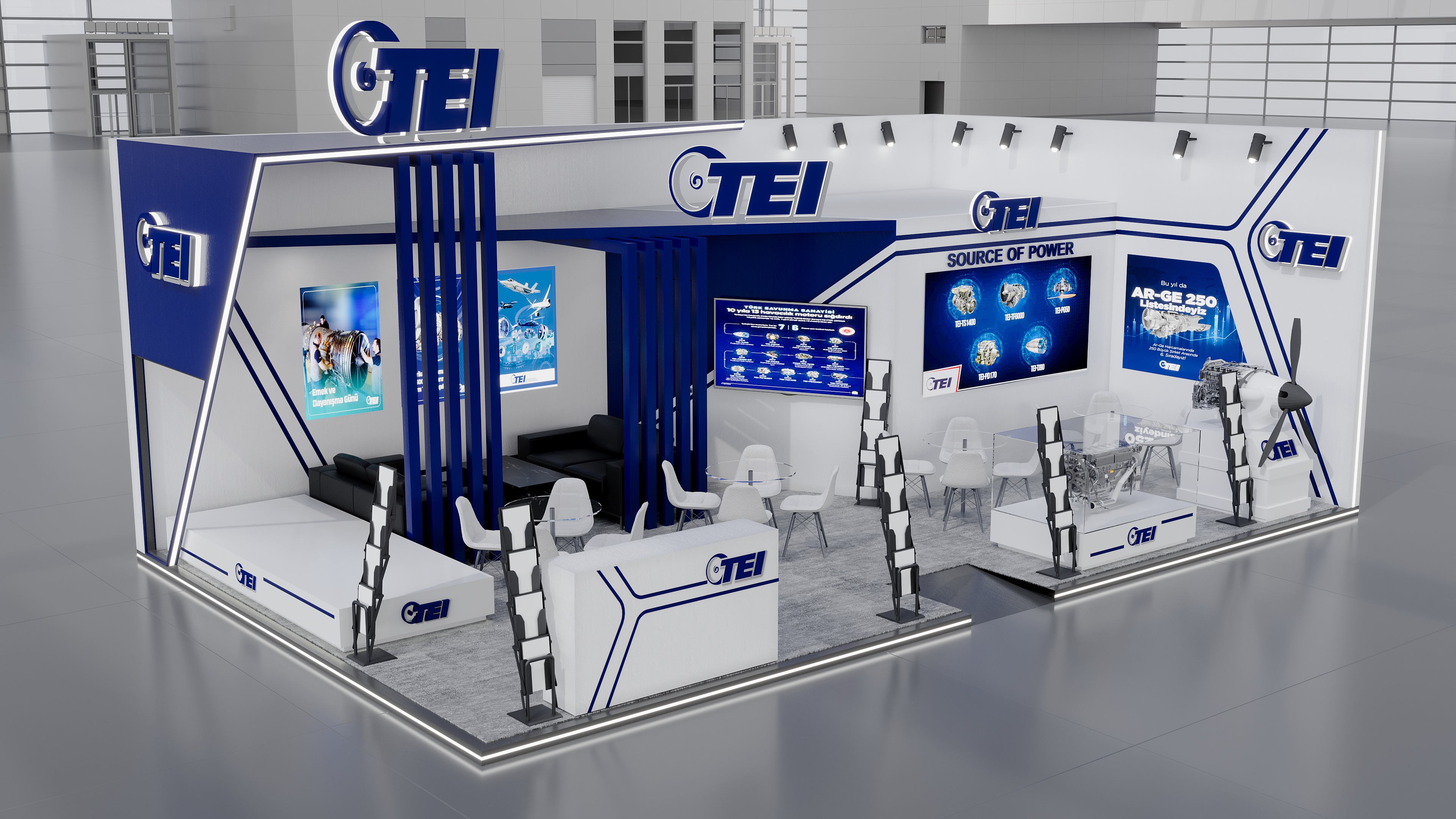 TEI havacılık motoru firması için üretilen ve kurulan fuar standı